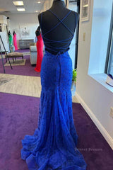 Formal Dresses Black, Backless Mermaid Blue Lace Tulle Long Prom Dress, Mermaid Blue Formal Dress, Blue Lace Evening Dress