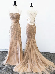 Party Dress New Look, Backless Mermaid Champagne Lace Prom Dresses, Champagne Backless Mermaid Lace Formal Evening Dresses