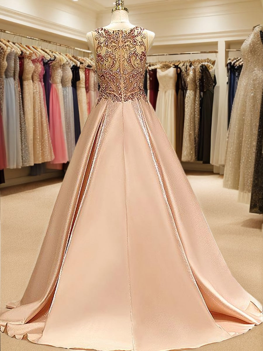 Party Dresses For Christmas Party, Ball-Gown Bateau Beading Sweep Train Satin Dress
