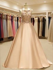 Party Dress For Christmas Party, Ball-Gown Bateau Beading Sweep Train Satin Dress