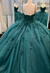 Evening Dresses Formal, Ball Gown Beaded Quinceanera Dress Spaghetti Straps Emerald Green Quince Dress
