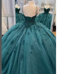 Evening Dress Formal, Ball Gown Beaded Quinceanera Dress Spaghetti Straps Emerald Green Quince Dress