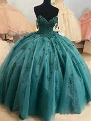 Evening Dress Online, Ball Gown Beaded Quinceanera Dress Spaghetti Straps Emerald Green Quince Dress