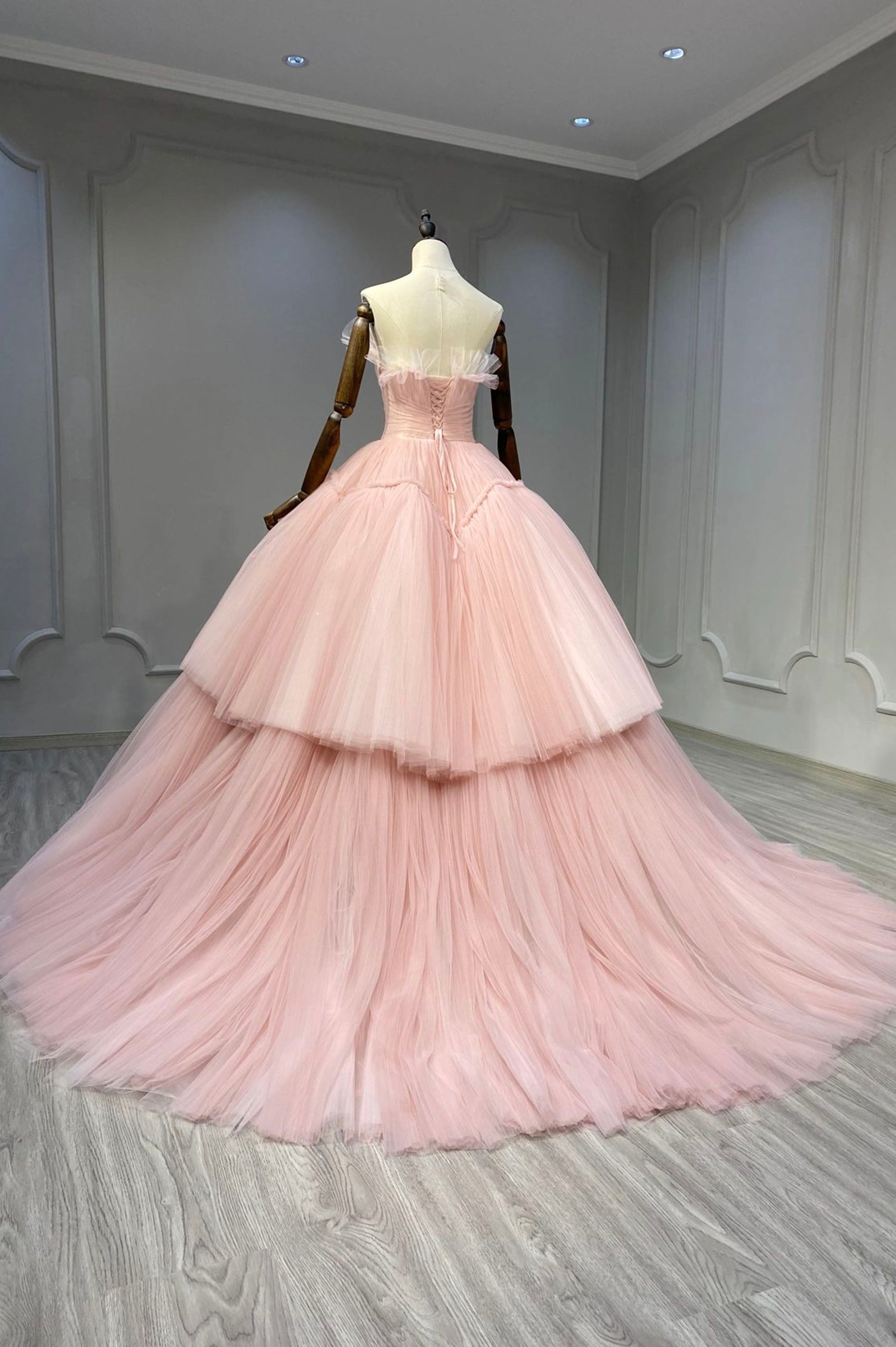 Prom Dress For Teen, Ball Gown Pink Tulle Strapless Long Prom Evening Dress, Pink Sweet 16 Dress