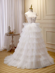 Party Dress Australian, Ball-Gown/Princess Tulle White Long Prom Dresses With Beading Flower Cascading Ruffles