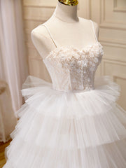 Party Dress Australia, Ball-Gown/Princess Tulle White Long Prom Dresses With Beading Flower Cascading Ruffles