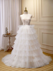 Party Dresses Winter, Ball-Gown/Princess Tulle White Long Prom Dresses With Beading Flower Cascading Ruffles