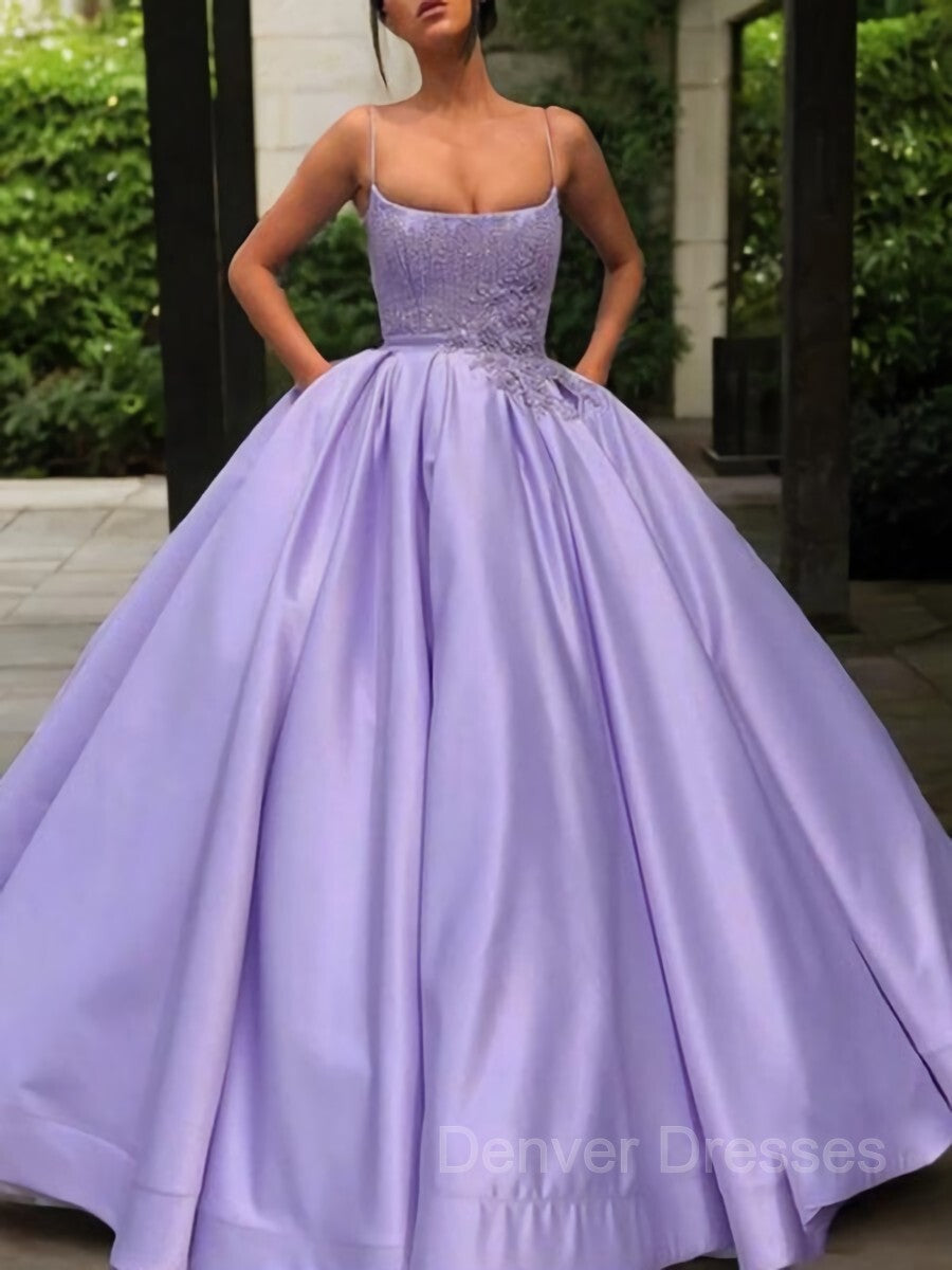 Party Dress Man, Ball Gown Spaghetti Straps Floor-Length Satin Evening Dresses With Appliques Lace