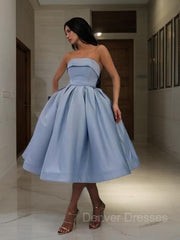 Party Dressed Short, Ball Gown Strapless Tea-Length Satin Homecoming Dresses With Ruffles