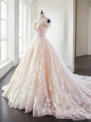 Wedding Dress Unique, Ball Gown Sweetheart Court Train Lace Wedding Dresses With Appliques Lace