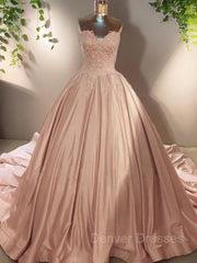 Homecoming Dresses Beautiful, Ball Gown Sweetheart Court Train Satin Evening Dresses With Appliques Lace