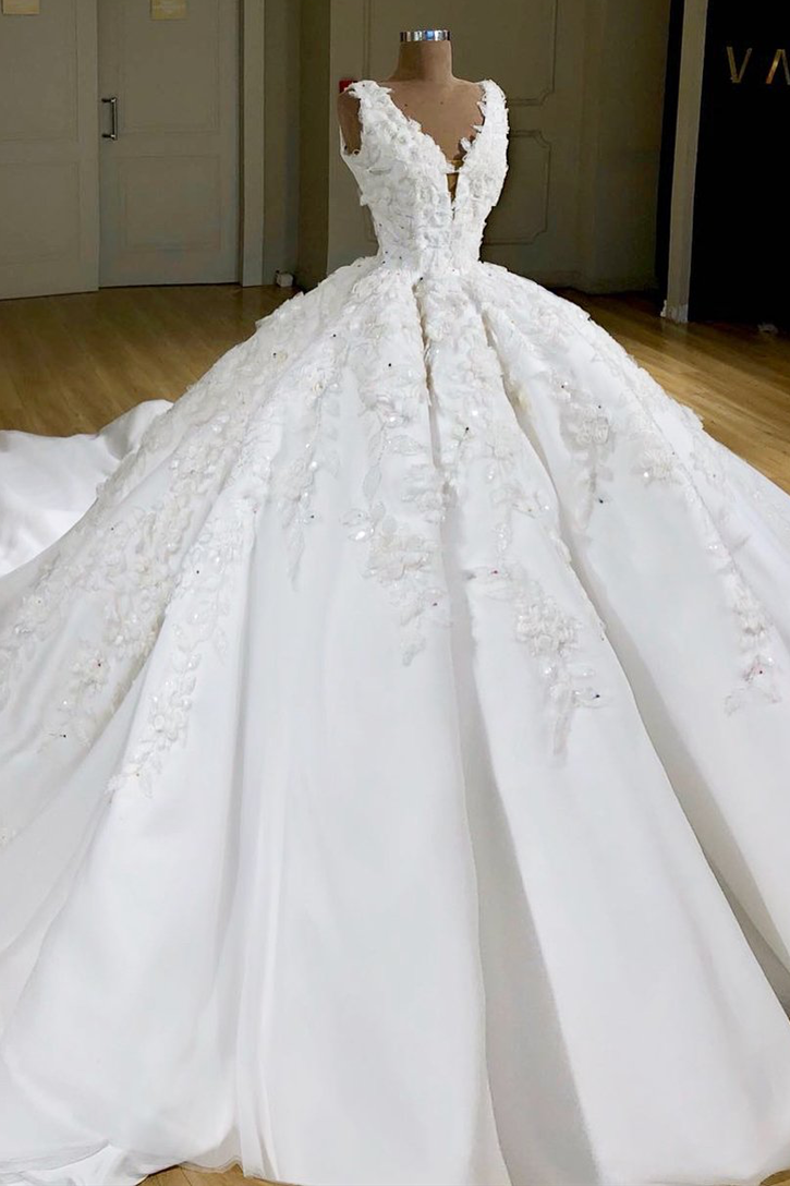 Weddings Dresses Lace Sleeves, Ball Gown V-neck Wide Strap Short Train Tulle Applique Wedding Dress