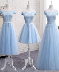 Homecoming Dresses With Sleeves, Sky Blue A Line Lace Off Shoulder Prom Dress, Lace Evening Dresses