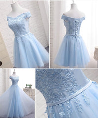 Homecomming Dresses Bodycon, Sky Blue A Line Lace Off Shoulder Prom Dress, Lace Evening Dresses