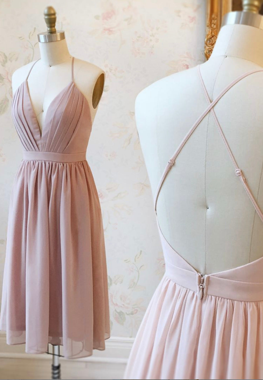 Bridesmaids Dress Cheap, Pink V-Ncek Chiffon Prom Dresses, A-Line Backless Short Dresses