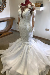 Wedding Dresses Sleeve, Beading Mermaid Sheer Tulle Wedding Dress Appliques Long Sleeves Bridal Dress