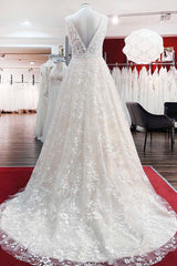 Wedding Dresses For Summer, Beautiful Long A-Line Lace Appliques Tulle Open Back Wedding Dresses