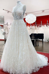 Wedding Dress Romantic, Beautiful Long A-Line Lace Appliques Tulle Open Back Wedding Dresses