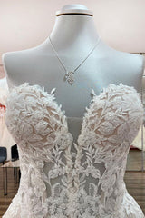 Wedding Dress Summer, Beautiful Long A-line Strapless Tulle Ivory Wedding Dress with Appliques Lace