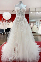 Wedding Dress Customization, Beautiful Long A-line Strapless Tulle Ivory Wedding Dress with Appliques Lace