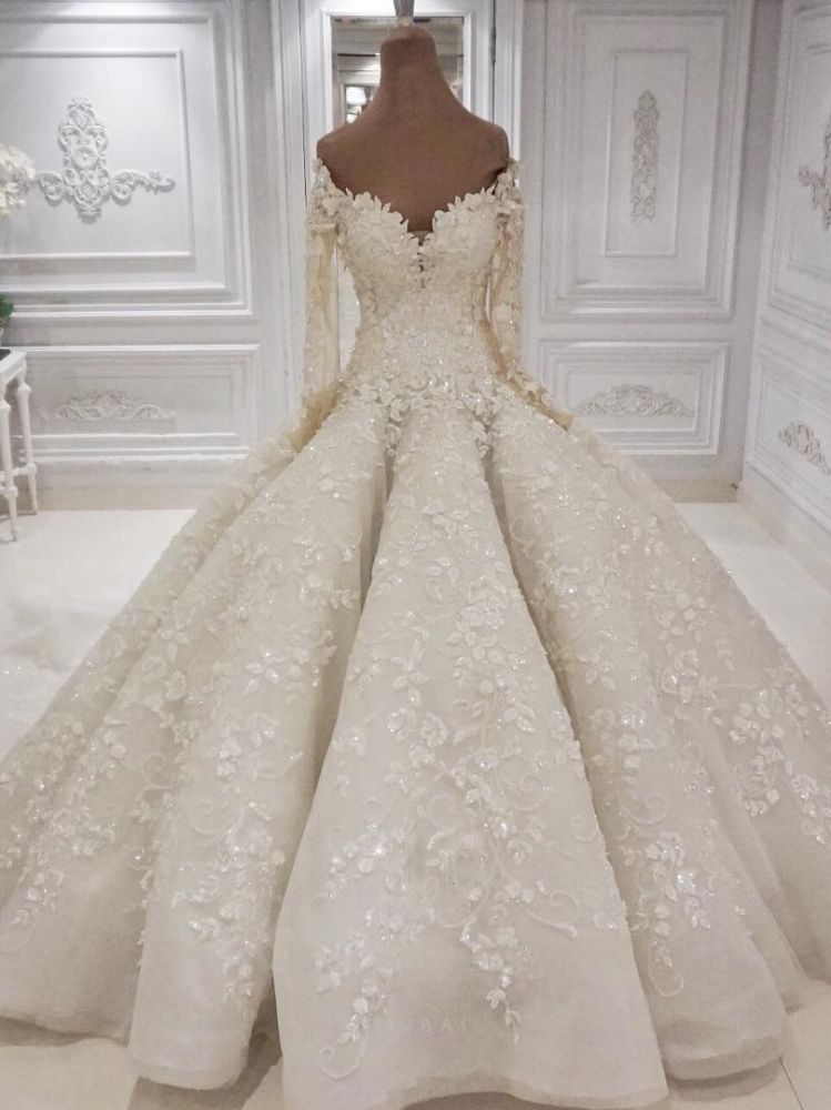 Wedding Dress 2028, Beautiful Long Sleevess V neck Appliques Ball Gown Wedding Dress