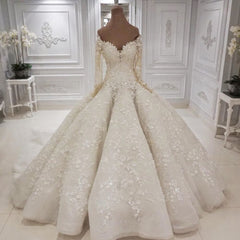 Wedding Dresses Cheaper, Beautiful Long Sleevess V neck Appliques Ball Gown Wedding Dress