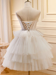 Blue Prom Dress, Beige Sweetheart Neck Tulle Puffy Short Prom Dress, Beige Homecoming Dress