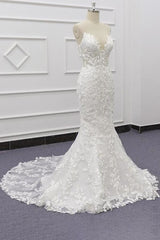 Wedding Dress Price, Best Spaghetti Strap Appliques Mermaid Wedding Dress