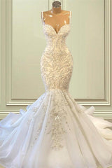 Wedding Dress Gowns, Biztunnel Elegant Long Mermaid Sweetheart Sleeveless Tulle Lace Wedding Dress