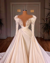 Wedding Dresses Under 503, Biztunnel Long Mermaid V-neck Satin Lace Wedding Dresses with Sleeves