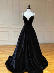 Summer Wedding, Black A-Line Velvet Long Prom Dresses, Black Evening Dresses