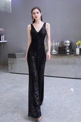 Formal Dress Suits For Ladies, Shining V-neck Sequin Sleeveless Prom Jumpsuit