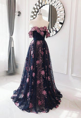 Flower Girl, Black Lace Long A-Line Prom Dresses, Black Evening Dresses