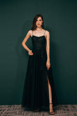 Prom Dresses 2042 Black, A-line Lace Appliques Long Prom Dresses