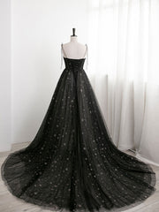 Formal Dresses Floral, Black A line Sweetheart Neck Tulle Long Prom Dresses, Black Formal Graduation Dresses