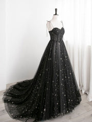 Formal Dresses For Teen, Black A line Sweetheart Neck Tulle Long Prom Dresses, Black Formal Graduation Dresses