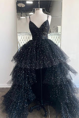 Prom Aesthetic, Black A-Line Tulle High Low Prom Dress, V-Neck Evening Party Dress