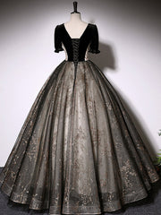 Prom Dresses Sleeves, Black A-Line Tulle Lace Long Prom Dress, Black Lace Formal Dress