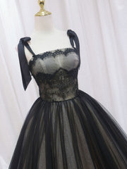 Bridesmaids Dresses Spring, Black A-Line Tulle Long Prom Dresses, Black Tulle Formal Evening Dress