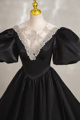 Evening Dresses For Weddings Guest, Black Ball Gown with Beaded, Black Short Sleeve Formal Evening Dress