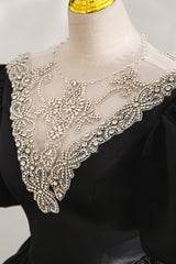Evening Dress For Wedding Guest, Black Ball Gown with Beaded, Black Short Sleeve Formal Evening Dress
