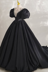 Evening Dresses For Wedding Guest, Black Ball Gown with Beaded, Black Short Sleeve Formal Evening Dress