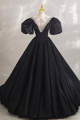Evenning Dress For Wedding Guest, Black Ball Gown with Beaded, Black Short Sleeve Formal Evening Dress