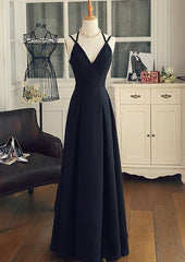 Bridesmaid Dresses Website, Black Chiffon Straps Long A-line Junior Prom Dress, Black Party Gowns