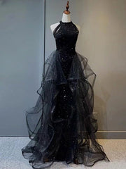 Bridesmaids Dresses Wedding, Black Long Mermaid Halter Sequined Tulle Formal Prom Dresses