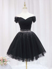 Bridesmaid Dresses Beach, Black Off Shoulder Tulle Sequin Short Prom Dress, Black Homecoming Dresses