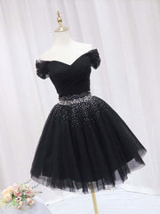 Bridesmaid Dresses Short, Black Off Shoulder Tulle Sequin Short Prom Dress, Black Homecoming Dresses