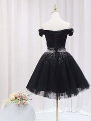 Bridesmaid Dresses By Color, Black Off Shoulder Tulle Sequin Short Prom Dress, Black Homecoming Dresses