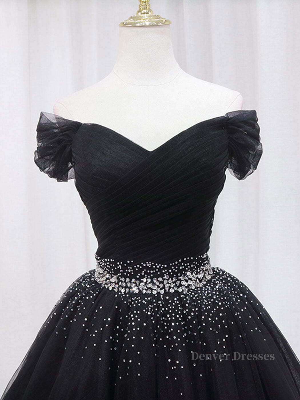 Bridesmaids Dresses By Color, Black Off Shoulder Tulle Sequin Short Prom Dress, Black Homecoming Dresses