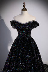 Casual Gown, Black Off the Shoulder Beaded Long Formal Dress, Black Shiny Sequins Evening Dress